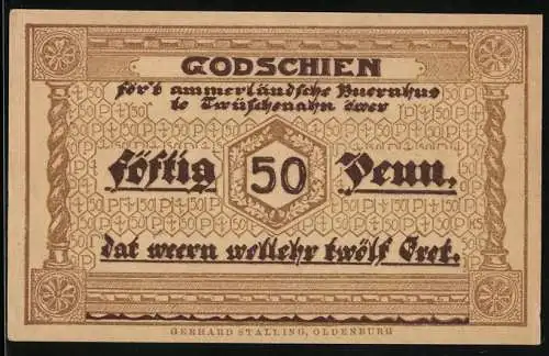 Notgeld Ammerland, 1921, 50 Pfennig, Godschein mit Bauernhaus und Bäumen