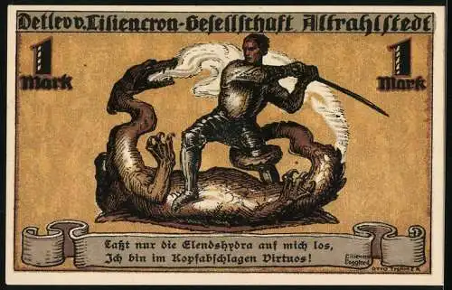 Notgeld Altrahlstedt 1920, 1 Mark, Ritter erlegt Drache, Wappen