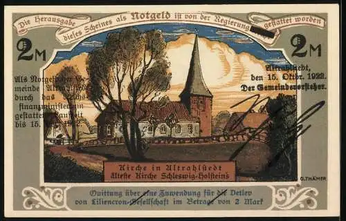 Notgeld Altrahlstedt, 1922, 2 Mark, Detlev von Liliencron-Gesellschaft und Kirche, Ruderboot