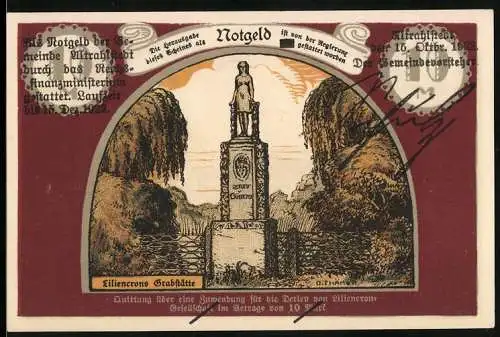 Notgeld Altrahlstedt 1921, 10 Mark, Liliencrons-Grabstätte und Landschaftsszene