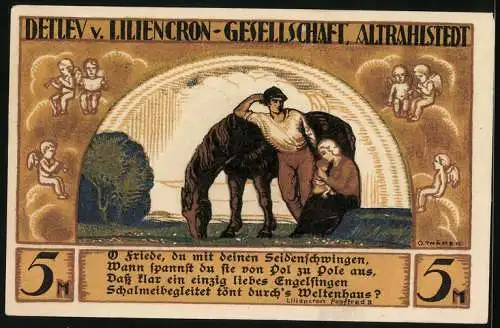 Notgeld Altrahlstedt 1923, 5 Mark, Detlev von Liliencron Gesellschaft, Gedicht O Friede, mit Siegel und Unterschrift