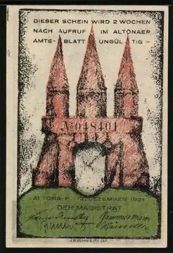 Notgeld Altona 1921, 20 Pf, Segelschiff und Kirchtürme, Rückseite mit Aufruf zur Ungültigkeit