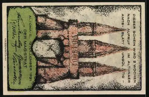 Notgeld Altona 1921, 70 Pf, Ansicht eines Schlosses und Text über Gültigkeitsdauer des Scheines