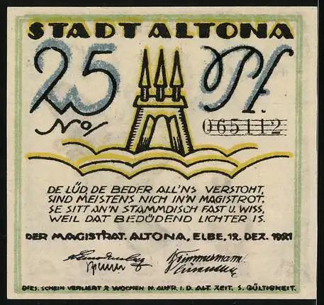 Notgeld Altona 1921, 25 Pf, Mann mit Katze, Rückseite mit Gedicht und Nummerierung 065112