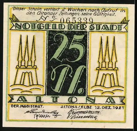 Notgeld Altona, 1921, 25 Pf, zwei Männer und drei Türme