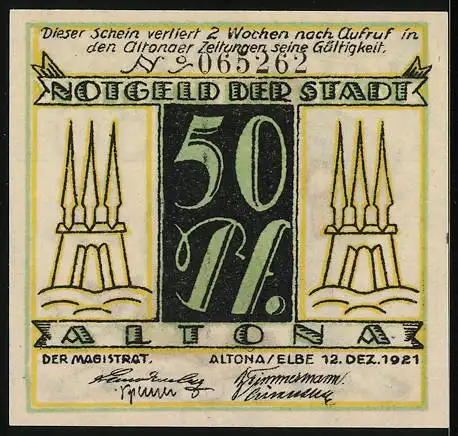 Notgeld Altona, 1921, 50 Pf, Mann und Frau mit Schweinen, Rückseite Türme und Text