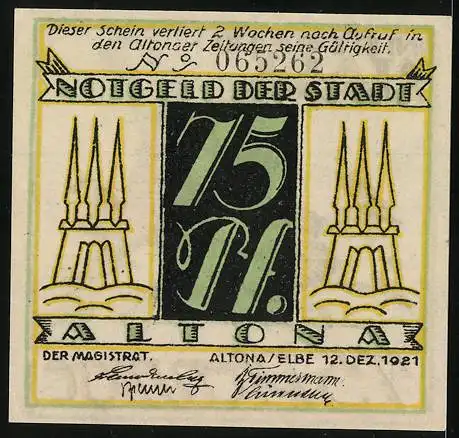 Notgeld Altona, 1921, 75 Pfennig, sitzender Mann mit Blumen auf der Vorderseite, Kirchtürme