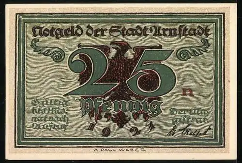 Notgeld Uelzen 1921, 25 Pfennig, Kopfporträt von Alexis und Adler-Design