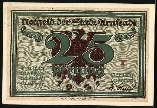 Notgeld Neumünster 1921, 25 Pfennig, Bonifatiuskirche mit Hopfenbrunnen und Adler mit Wertangabe