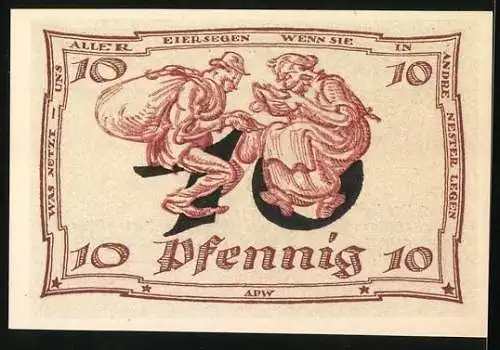 Notgeld Arnstadt 1921, 10 Pfennig, Adler und Tanzende, Paul Weber, rot und schwarz