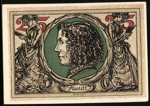 Notgeld Arnstadt 1921, 25 Pfennig, Vorderseite mit Portrait Marlitt und Rückseite mit Adler und Wert