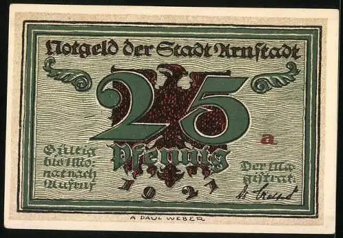 Notgeld Arnstadt 1921, 25 Pfennig, Vorderseite mit Portrait Marlitt und Rückseite mit Adler und Wert