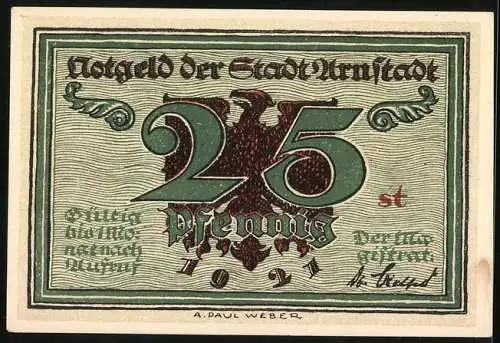 Notgeld Arnstadt 1921, 25 Pfennig, Rathaus und Adler Design