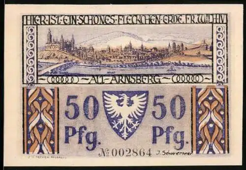 Notgeld Arnsberg, 1921, 50 Pfennig, Stadtansicht und Hirschberger Tor