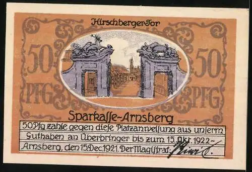 Notgeld Arnsberg, 1921, 50 Pfennig, Stadtansicht und Hirschberger Tor