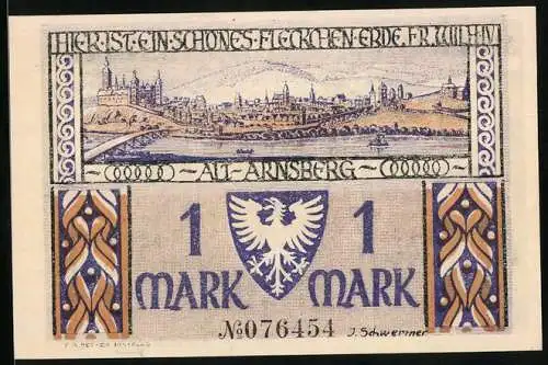 Notgeld Arnsberg, 1921, 1 Mark, Alt-Arnsberg Landschaft und Grüner Turm an der Stadtmauer