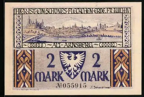 Notgeld Arnsberg 1921, 2 Mark, historische Stadtansicht und mittelalterliche Szene