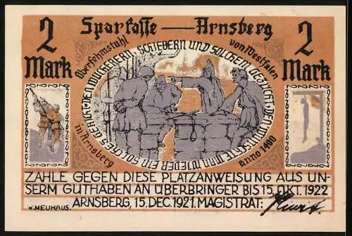 Notgeld Arnsberg 1921, 2 Mark, historische Stadtansicht und mittelalterliche Szene