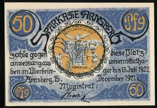 Notgeld Arnsberg 1921, 50 Pfennig, Sparkasse Arnsberg mit Wappen und Landschaft auf Rückseite