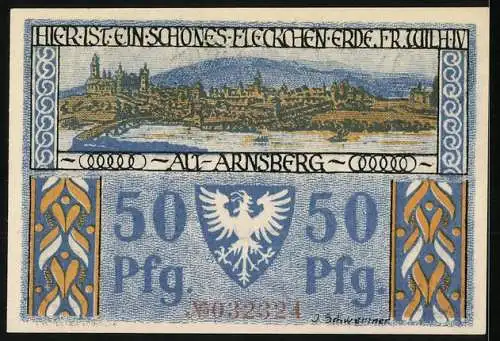 Notgeld Arnsberg 1921, 50 Pfennig, Sparkasse Arnsberg mit Wappen und Landschaft auf Rückseite