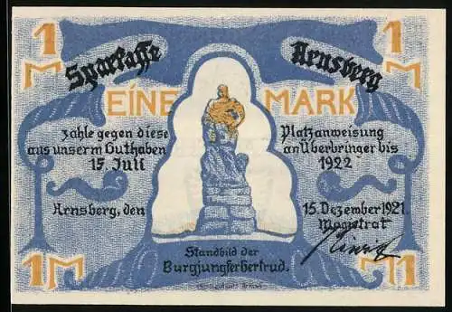 Notgeld Arnsberg 1921, 1 Mark, Standbild Burgjungfer Gertrud, Stadt-Panorama