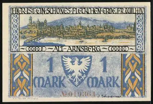 Notgeld Arnsberg 1921, 1 Mark, Standbild Burgjungfer Gertrud, Stadt-Panorama