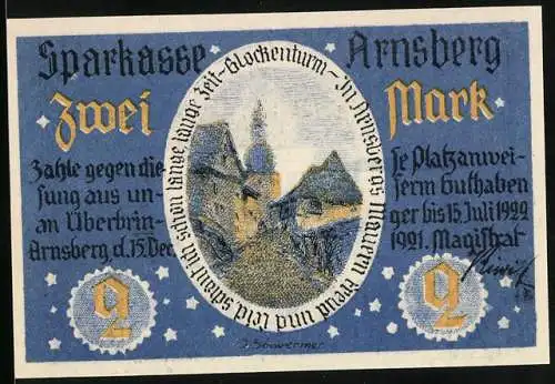 Notgeld Arnsberg, 1921, 2 Mark, Sparkasse Arnsberg mit Glockenturm und Stadtansicht