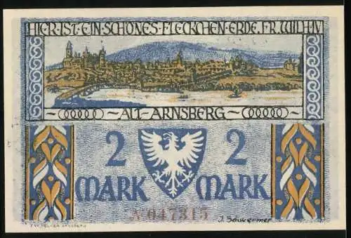 Notgeld Arnsberg, 1921, 2 Mark, Sparkasse Arnsberg mit Glockenturm und Stadtansicht