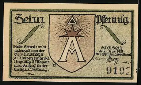 Notgeld Arolsen, 1921, 10 Pfennig, Landschaft mit Häusern und Wappen mit Strahlensonne