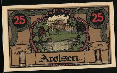 Notgeld Arolsen, 1921, 25 Pfennig, Landschaft und Wappen mit grüner Sternendekoration