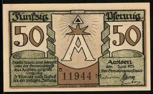 Notgeld Arolsen, 1921, 50 Pfennig, Gebäude und Büste von Louis Anacker