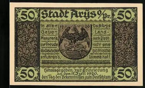Notgeld Arys 1920, 50 Pfennig, Wappen, Kirche