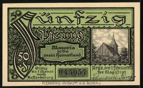 Notgeld Arys 1920, 50 Pfennig, Wappen, Kirche