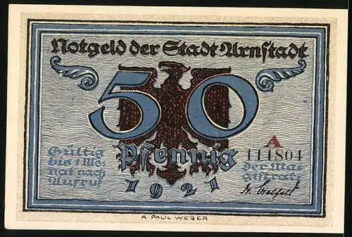 Notgeld Arnstadt 1921, 50 Pfennig, Reichstag unter Otto dem Grossen und Adler