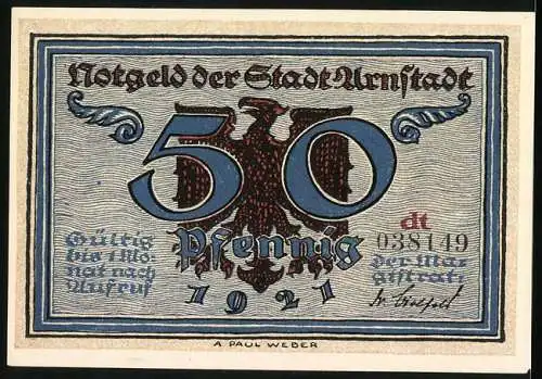 Notgeld Arnstadt 1921, 50 Pfennig, Plünderung Arnstadts durch die Scharen Wallensteins im Jahr 1640