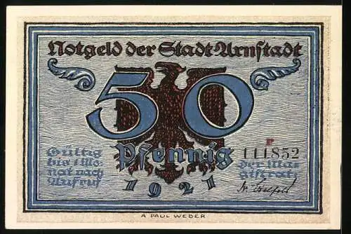 Notgeld Arnstadt 1921, 50 Pfennig, erfolglose Belagerung Arnstadts 1342 durch die Erfurter