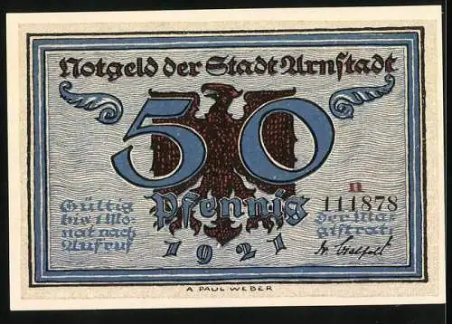 Notgeld Arnstadt 1921, 50 Pfennig, Weinerntedankfest am Tage des heiligen Urban mit historischer Darstellung