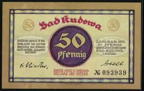 Notgeld Bad Kudowa, 50 Pfennig, Eugenquelle, Erstes Herz- und Nervenheilbad des Ostens