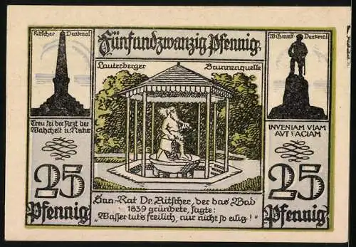 Notgeld Bad Lauterberg, 1921, 25 Pfennig, Vorderseite mit Wappen und Landschaft, Rückseite mit Brunnen und Denkmälern