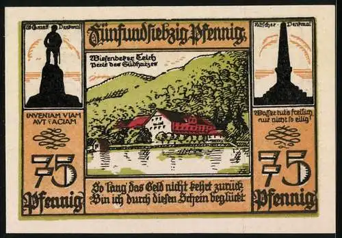 Notgeld Bad Lauterberg im Harz 1921, 75 Pfennig, Wappen und Landschaft mit Denkmälern