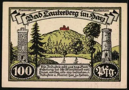 Notgeld Bad Lauterberg im Harz, 1921, 100 Pfennig, Stadtwappen und Industrien, Bismarckturm und Aussichtsturm