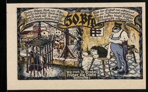 Notgeld Brakel 1921, 50 Pfennig, Szene mit Käfig zur Bestrafung von Dieben und Gebäudeansicht