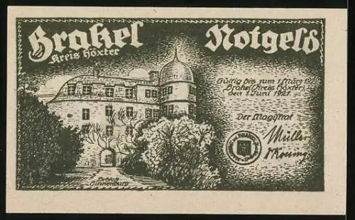 Notgeld Brakel 1921, 50 Pfennig, Szene mit Käfig zur Bestrafung von Dieben und Gebäudeansicht