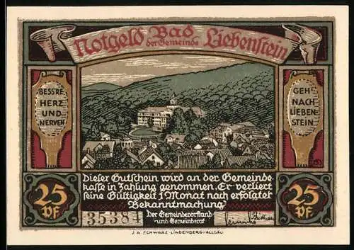 Notgeld Bad Liebenstein, 25 Pf, Landschaft und Trusentaler Wasserfall, Bad und Nervenheilanstalt