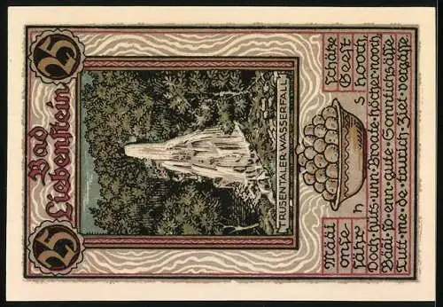 Notgeld Bad Liebenstein, 25 Pf, Landschaft und Trusentaler Wasserfall, Bad und Nervenheilanstalt