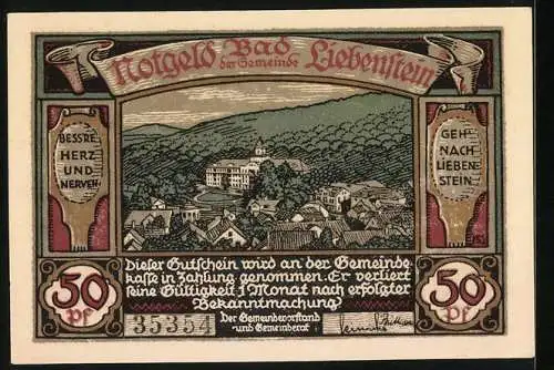 Notgeld Bad Liebenstein, 50 Pf, Quellentempel und Ortsansicht, Besserung Herz und Nerven, mit Seriennummer