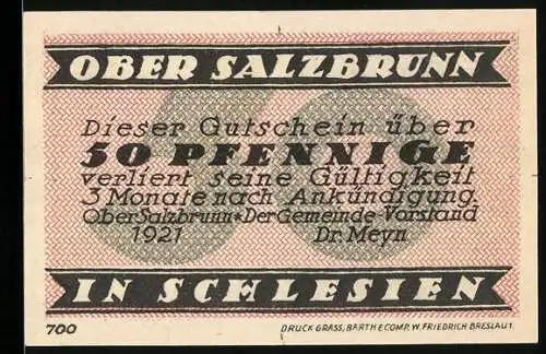 Notgeld Ober Salzbrunn 1921, 50 Pfennig, Feier des 700-jährigen Bestehens, in Schlesien