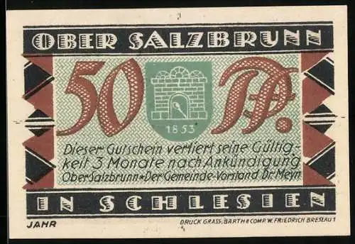 Notgeld Ober Salzbrunn 1921, 50 Pf., 700-Jahr-Feier, Festhalle mit Bäumen und Hügel im Hintergrund