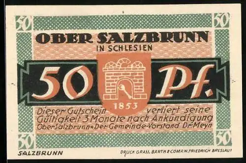 Notgeld Ober Salzbrunn 1921, 50 Pf., 700 Jahr-Feier Bad Salzbrunn in Schlesien, Vorderseite: 1853 Tor