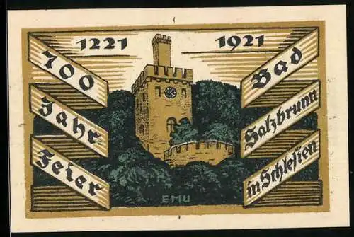 Notgeld Ober Salzbrunn in Schlesien 1921, 50 Pf, 700 Jahre Feier, Burgturm Motiv